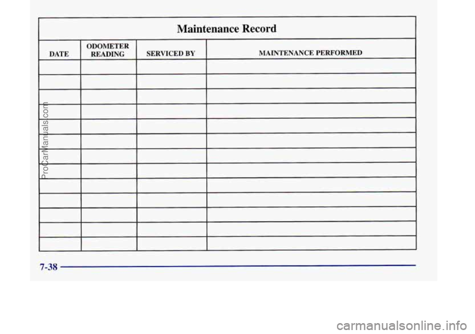 OLDSMOBILE SILHOUETTE 1998  Owners Manual Maintenance  Record 
ODOMETER 
DATE  READING  SERVICED 
BY MAINTENANCE PERFORMED 
7-38 
ProCarManuals.com 