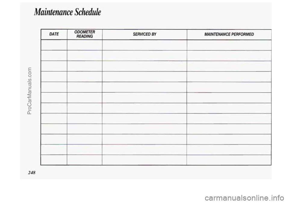 OLDSMOBILE SILHOUETTE 1994  Owners Manual Maintenance  Schedule 
248 
DATE ODOMETER READlNG SERVlCED BY MAlNTENANCE PERFORMED 
ProCarManuals.com 