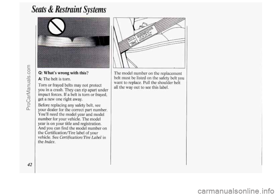 OLDSMOBILE SILHOUETTE 1994  Owners Manual Seats & Restraint Systems 
42 
Q: What’s wrong with  this? 
A: The belt is torn. 
Torn  or  frayed belts may not protect 
you  in a  crash.  They can rip apart  under 
impact forces. 
If a  belt  is
