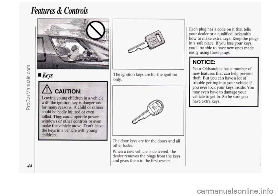 OLDSMOBILE SILHOUETTE 1994  Owners Manual Features & Controls 
44 
Keys The ignition  keys are for the  ignition 
only. 
The  door  keys are for the  doors  and  all 
other  locks. 
When  a new  vehicle 
is delivered,  the 
dealer removes  th