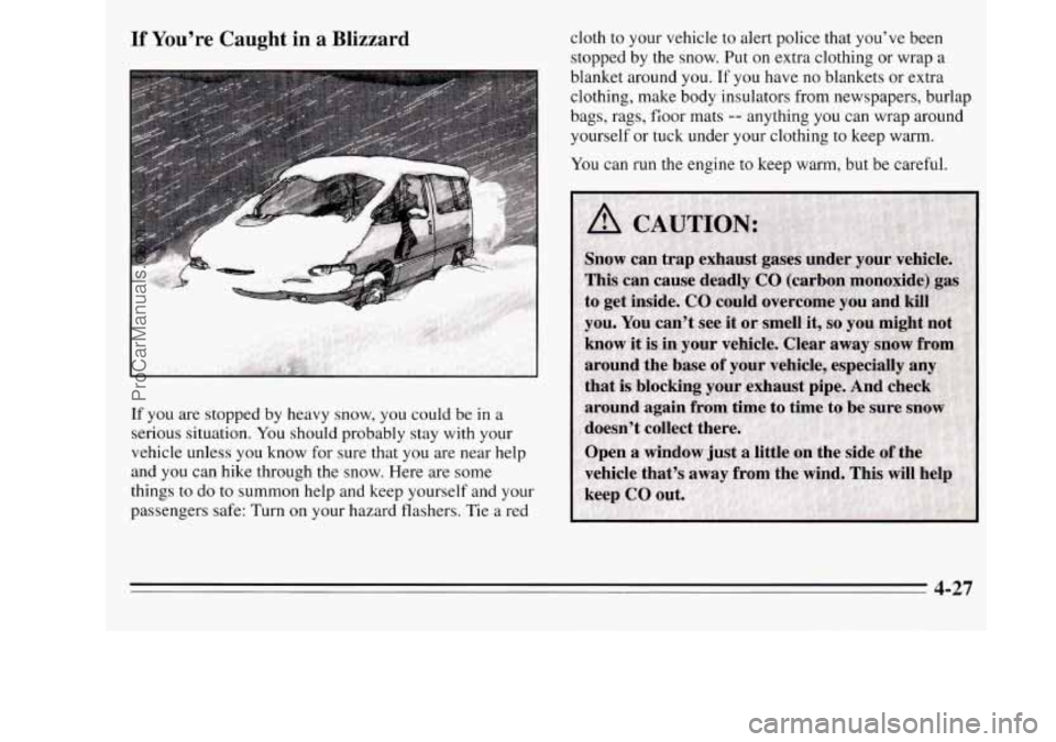 OLDSMOBILE SILHOUETTE 1995  Owners Manual If You’re Caught in a Blizzard 
If  you are  stopped  by heavy  snow, you could be  in a 
serious  situation.  You should  probably  stay with your 
vehicle  unless you know  for  sure  that 
you ar
