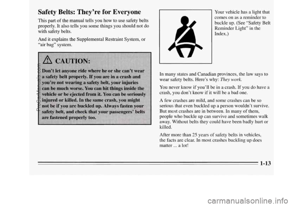 OLDSMOBILE SILHOUETTE 1995  Owners Manual Safety  Belts:  They’re for Everyone 
This part of the  manual  tells you how to use  safety  belts 
properly. It 
also tells you  some things you  should  not do 
with safety  belts. 
And  it  expl