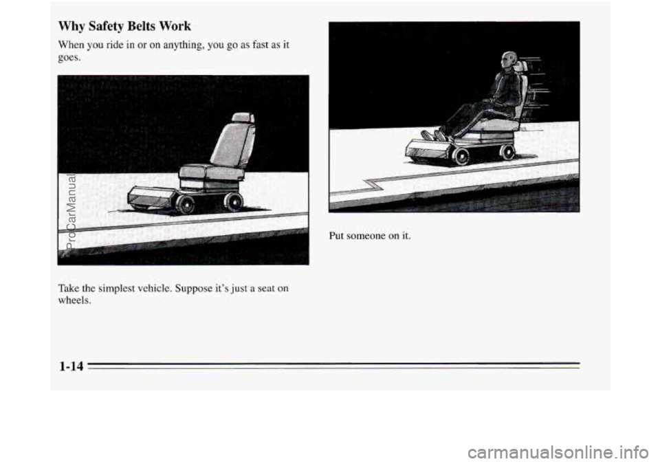 OLDSMOBILE SILHOUETTE 1995  Owners Manual Why Safety Belts Work 
When  you ride in or on anything, you go as fast as it 
goes. 
Take the simplest vehicle. Suppose its just  a seat on 
wheels.  Put someone 
on it. 
1-14 
ProCarManuals.com 