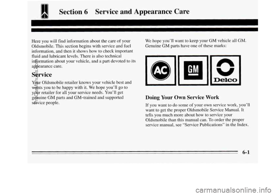 OLDSMOBILE SILHOUETTE 1995  Owners Manual bectlon 6 -Service  and  Appearance  Care 
Here you  will  find information about the  care of your 
Oldsmobile.  This  section begins with service and  fuel 
information,  and then  it shows  how to 