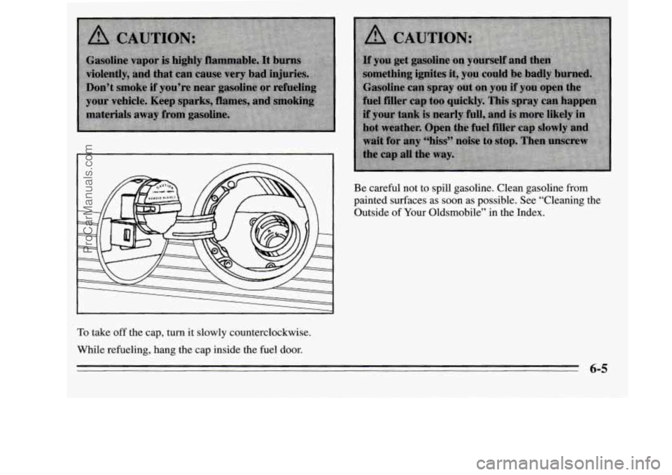 OLDSMOBILE SILHOUETTE 1995  Owners Manual Be careful not  to spill  gasoline.  Clean gasoline  from 
painted  surfaces  as 
soon as possible.  See  “Cleaning the 
Outside 
of Your Oldsmobile” in the Index. 
To take off the  cap,  turn it 