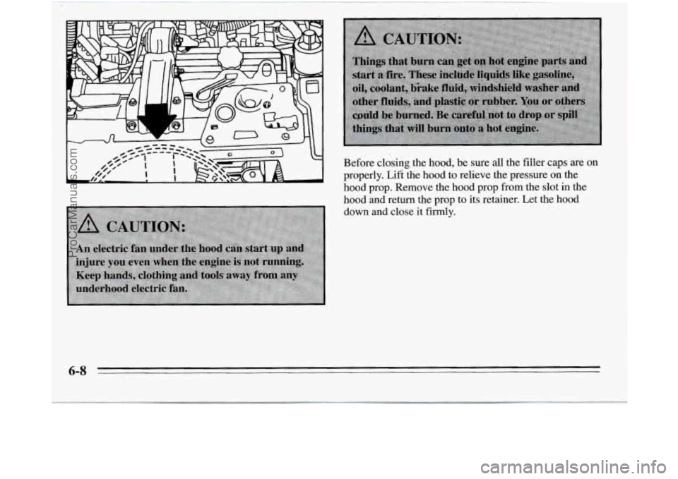 OLDSMOBILE SILHOUETTE 1995  Owners Manual Before cldsing the hood, be sure all the filler caps are on 
properly, Lift the hood tu relieve  the pressure dn the 
hood prop. Remove the hood prop from the slot in the 
hood  and  return the prop t