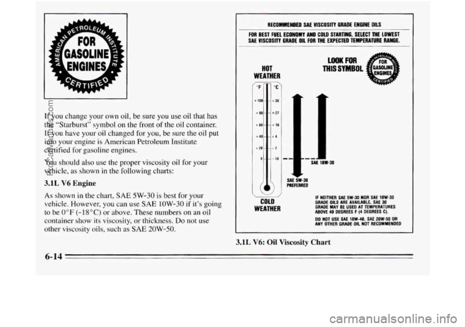 OLDSMOBILE SILHOUETTE 1995  Owners Manual If you change your own  oil, be sure  you use oil that has 
the “Starburst” symbol 
on the  front of the oil container. 
If you  have your oil changed  for you,  be sure  the  oil  put 
into  your