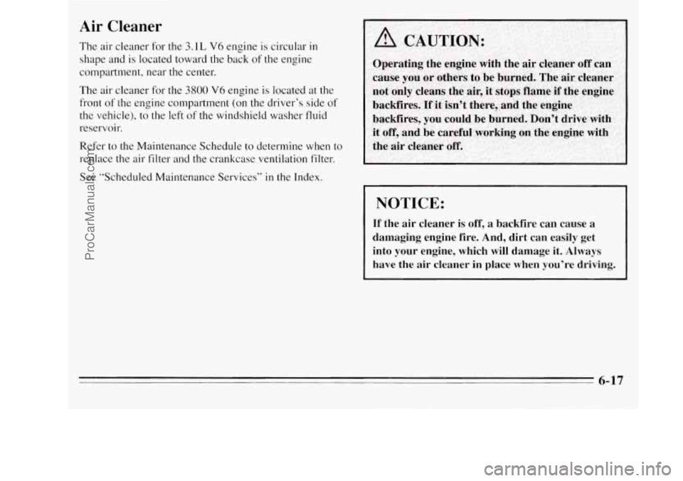 OLDSMOBILE SILHOUETTE 1995  Owners Manual Air  Cleaner 
The air cleaner  for  the 3.1L V6 engine is circular in 
shape and is located toward the  back of the engine 
compartment,  near the center. 
The air  cleaner  for  the 3800 V6 engine is