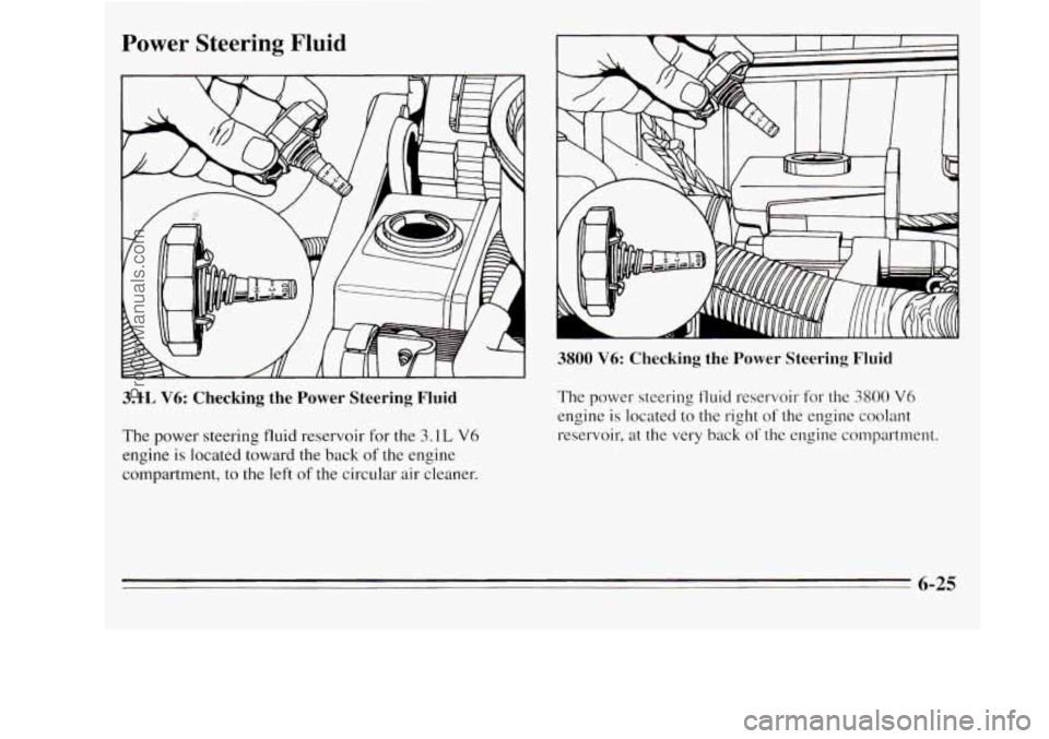 OLDSMOBILE SILHOUETTE 1995  Owners Manual Power  Steering  Fluid 
3.1L V6:  Checking  the  Power  Steering Fluid 
The power  steering  fluid reservoir  for  the 3.1L V6 
engine is located toward the back  of the  engine 
compartment,  to  the