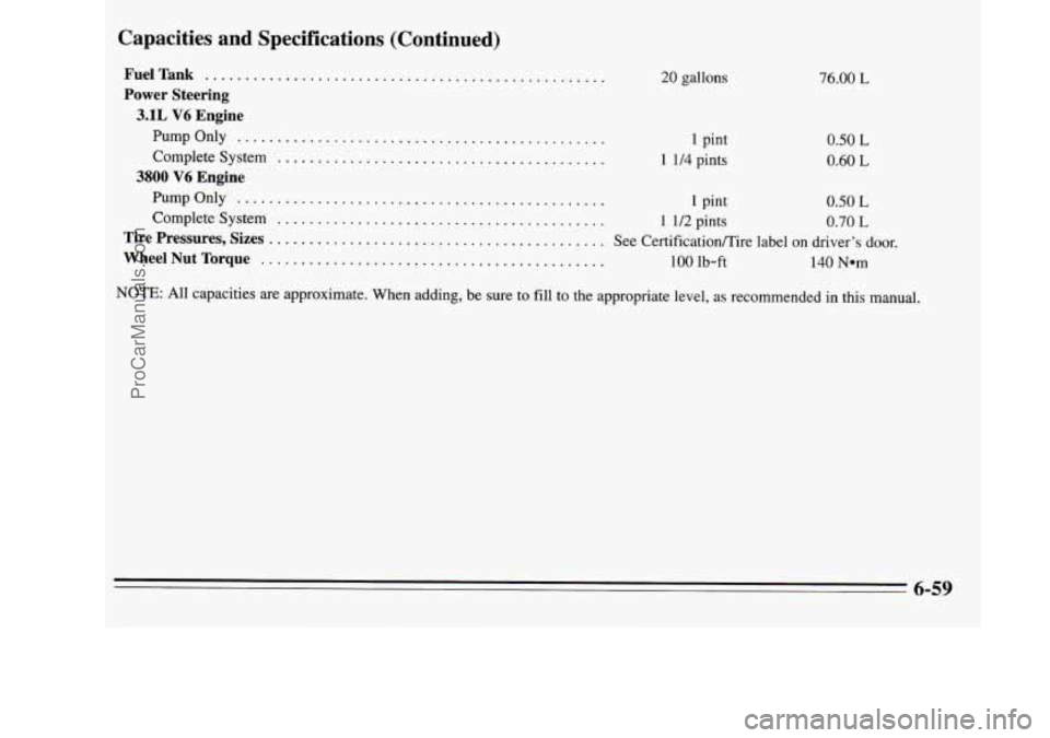 OLDSMOBILE SILHOUETTE 1995  Owners Manual Capacities  and  Specifications  (Continued) 
FuelTank .................................................. 
Power  Steering 
3.1L V6 Engine 
PumpOnly .............................................. 
Com