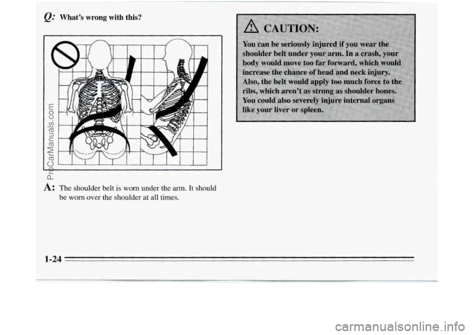 OLDSMOBILE SILHOUETTE 1995  Owners Manual &." Whats wrong with this? 
I 
A: The shoulder belt is worn under the arrn. It should 
be worn over the shoulder  at all times. 
1-24 
ProCarManuals.com 