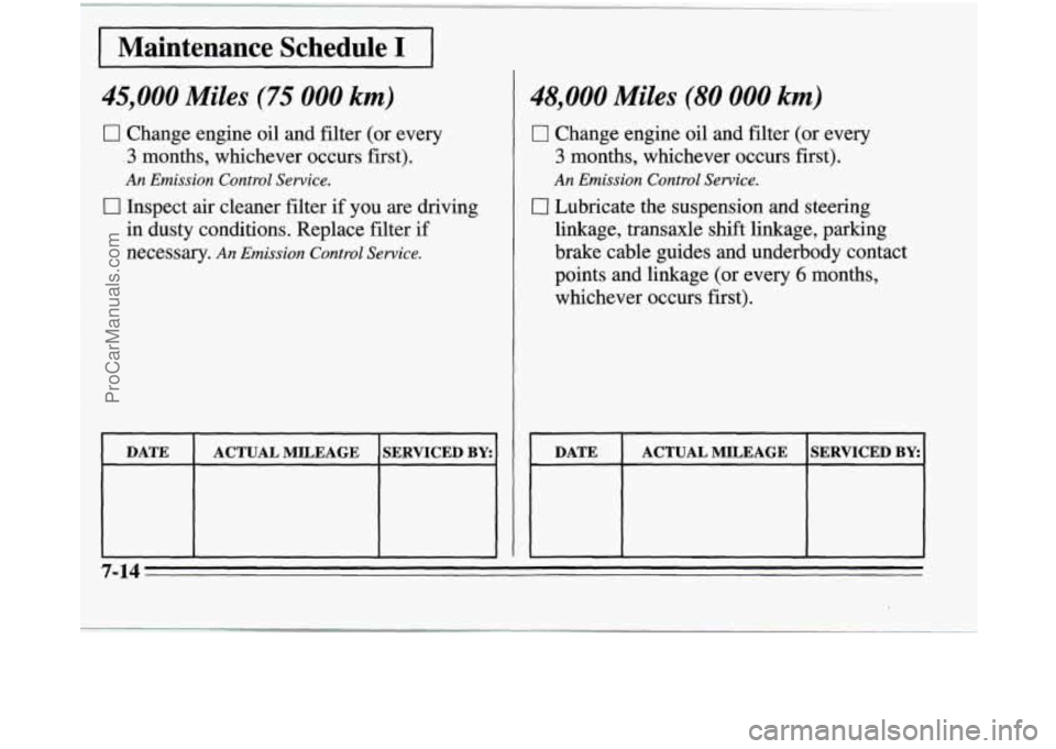 OLDSMOBILE SILHOUETTE 1995  Owners Manual I DATE I ACTUALMILEAGE ISERVICED  BY:^ 
48,000 Miles (80 000 km) 
0 Change  engine oil and  filter  (or  every 
3 months,  whichever  occurs  first). 
An Emission Control  Sewice. 
0 Lubricate  the  s
