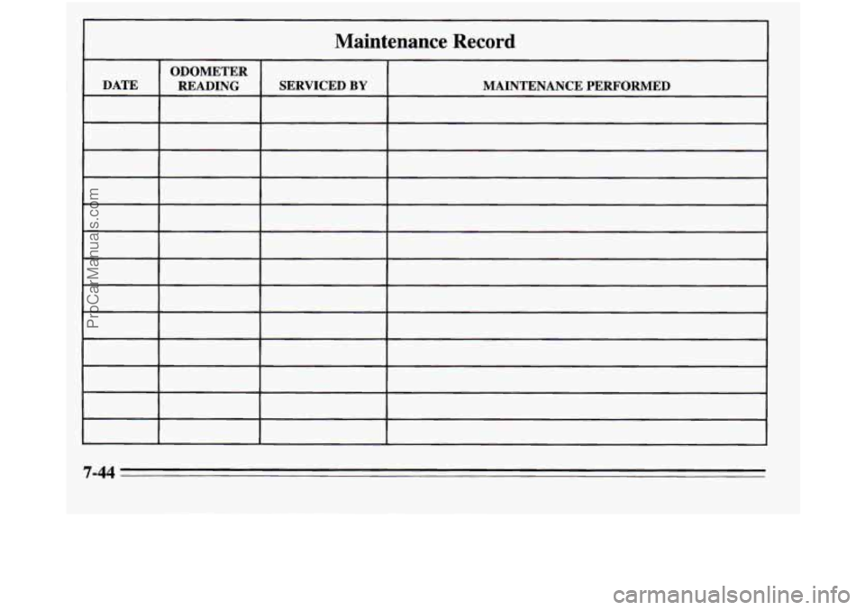 OLDSMOBILE SILHOUETTE 1995  Owners Manual Maintenance  Record 
ODOMETER 
DATE  READING  SERVICED 
BY IAINTENANCE  PERFORMED 
~ 
7-44 
ProCarManuals.com 