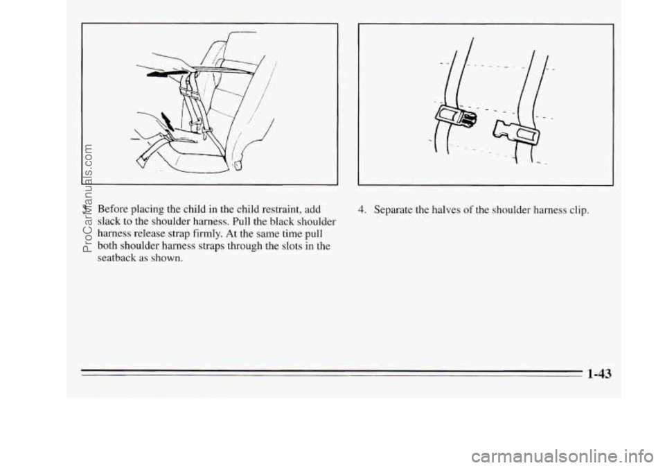 OLDSMOBILE SILHOUETTE 1995  Owners Manual 3. Before placing  the child  in the  child  restraint,  add 
slack  to  the  shoulder  harness.  Pull the black  shoulder 
harness  release  strap  firmly. At the same  time pull 
both  shoulder  har