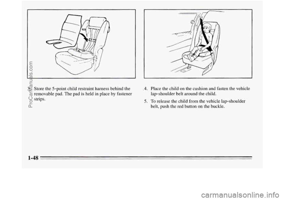 OLDSMOBILE SILHOUETTE 1995  Owners Manual 3. Store the 5-point  child restraint harness behind the 
removable  pad. The pad  is held  in place 
by fastener 
strips. 
,4. Place the child on the  cushion  and fasten the vehicle 
lap-shoulder  b