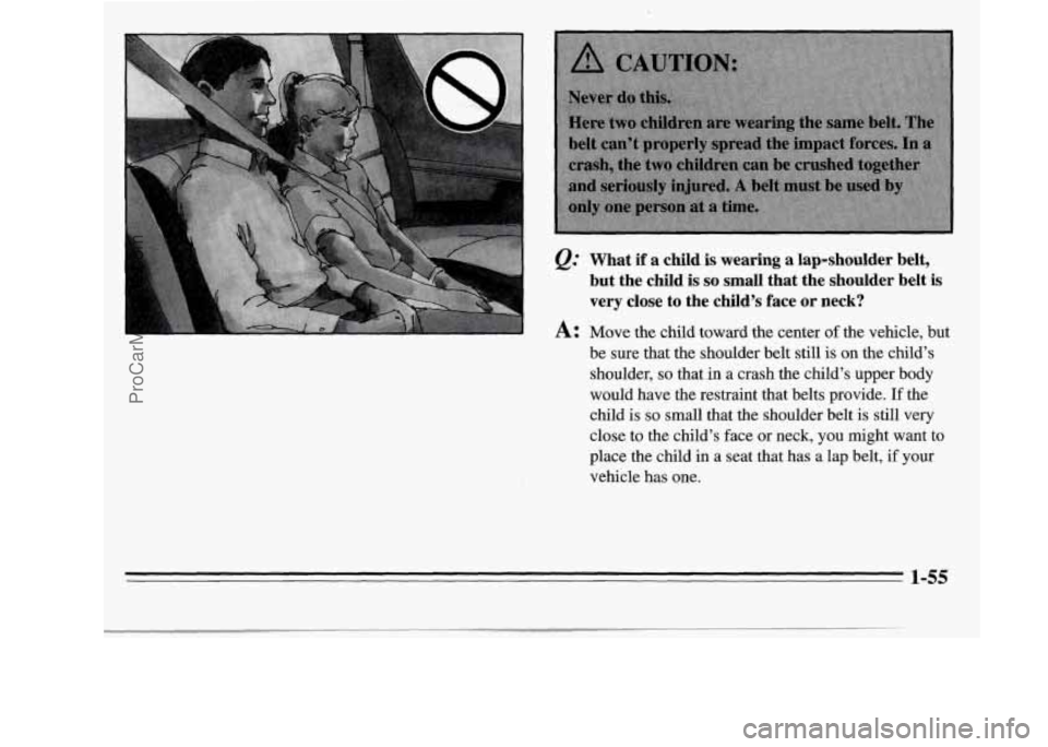 OLDSMOBILE SILHOUETTE 1995  Owners Manual @ What if a child is wearing a lap-shoulder  belt, 
but  the 
child is so small  that  the  shoulder  belt is 
very  close  to  the  child’s  face or neck? 
A: Move  the  child  toward the  center o