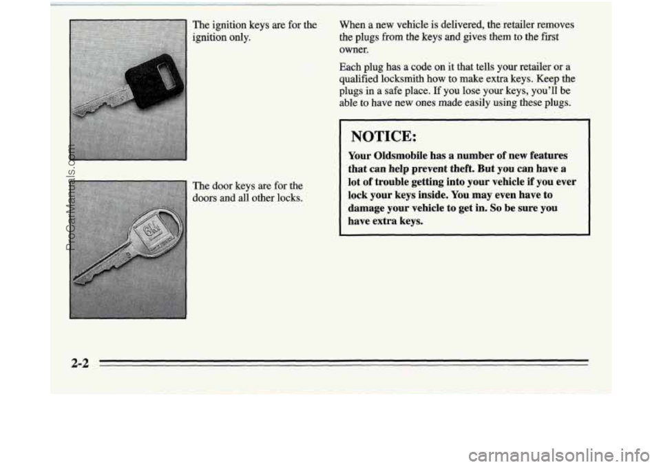 OLDSMOBILE SILHOUETTE 1995  Owners Manual The ignition keys are for the 
ignition only. 
When a new  vehicle is delivered, the retailer removes 
the plugs fiom the keys and gives them to the fist 
owner. 
Each plug has a code on it that tells