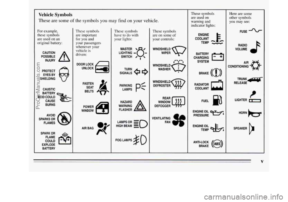 OLDSMOBILE SILHOUETTE 1995 Owners Manual L
Vehicle Symbols
These are some of the symbols you may find on your vehicle.
For example,
these symbols are used on an
original battery:
POSSIBLE A
CAUTION
INJURY
PROTECT EYES BY
S OLDSMOBILE SILHOUETTE 1995 Owners Manual L
Vehicle Symbols
These are some of the symbols you may find on your vehicle.
For example,
these symbols are used on an
original battery:
POSSIBLE A
CAUTION
INJURY
PROTECT EYES BY
S