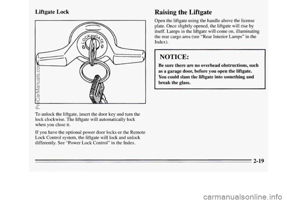 OLDSMOBILE SILHOUETTE 1995  Owners Manual Liftgate Lock Raising  the  Liftgate 
Open the  liftgate  using the handle above  the  license 
plate.  Once  slightly  opened,  the  liftgate  will rise 
by 
itself.  Lamps  in the  liftgate  will co