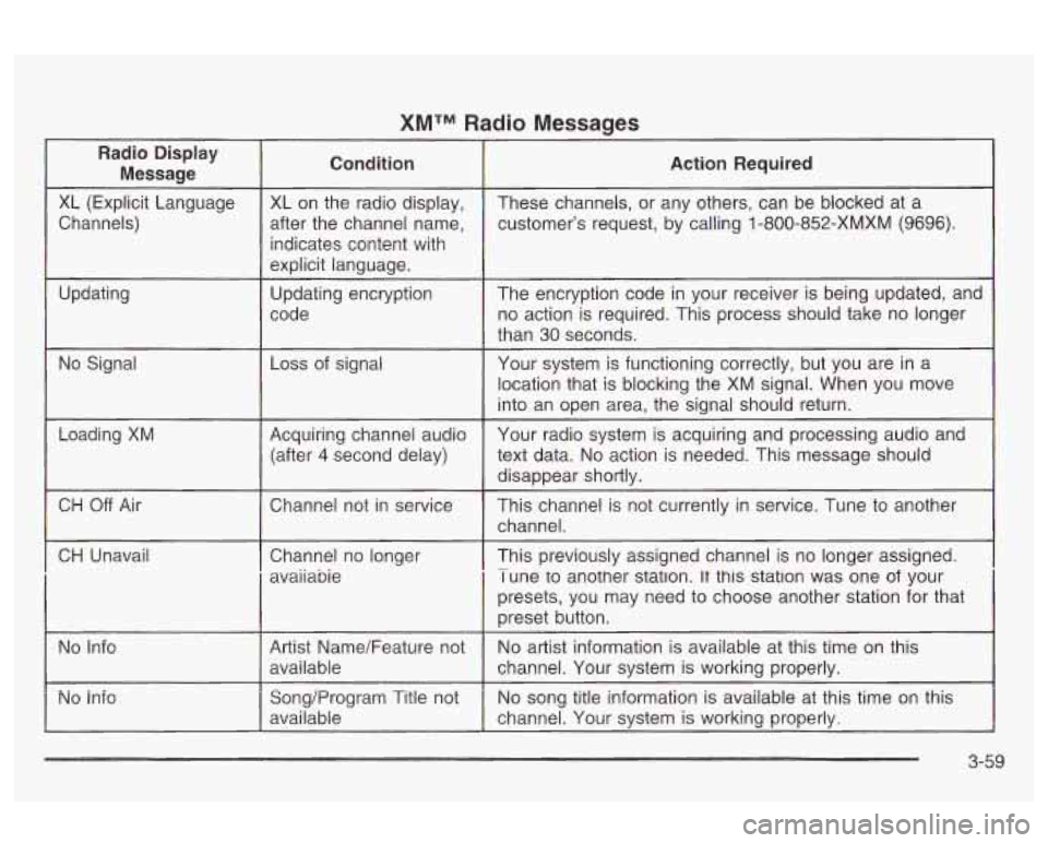 Oldsmobile Alero 2003  Owners Manuals XMTM Radio Messages 
indicates content with 
3-59  