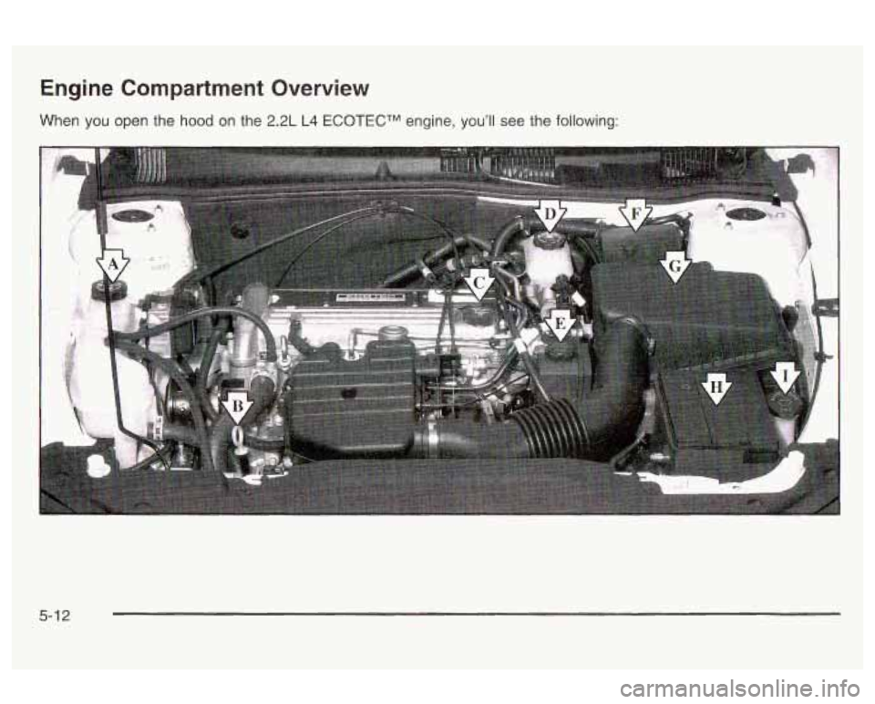 Oldsmobile Alero 2003  Owners Manuals Engine Compartment  Overview 
When you open the hood  on the  2.2L  L4 ECOTECTM engine, youll see the  following: 
5-1 2  