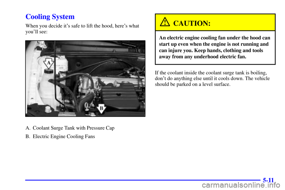 Oldsmobile Alero 2002  Owners Manuals 5-11
Cooling System
When you decide its safe to lift the hood, heres what
youll see:
A. Coolant Surge Tank with Pressure Cap
B. Electric Engine Cooling Fans
CAUTION:
An electric engine cooling fan 