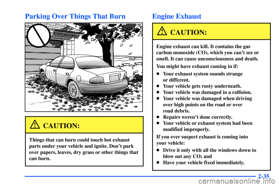 Oldsmobile Alero 2001  Owners Manuals 2-35
Parking Over Things That Burn
CAUTION:
Things that can burn could touch hot exhaust
parts under your vehicle and ignite. Dont park
over papers, leaves, dry grass or other things that
can burn.
E