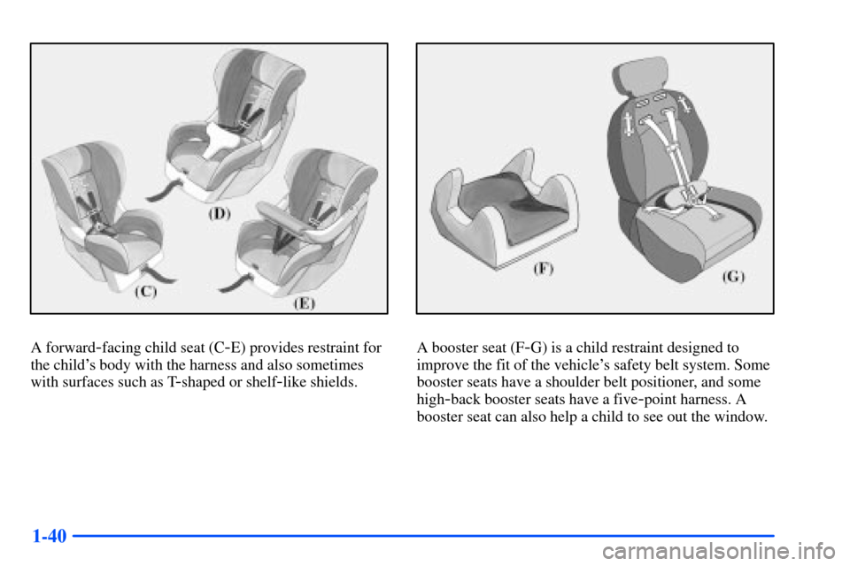 Oldsmobile Alero 2001  Owners Manuals 1-40
A forward-facing child seat (C-E) provides restraint for
the childs body with the harness and also sometimes
with surfaces such as T
-shaped or shelf-like shields.
A booster seat (F-G) is a chil