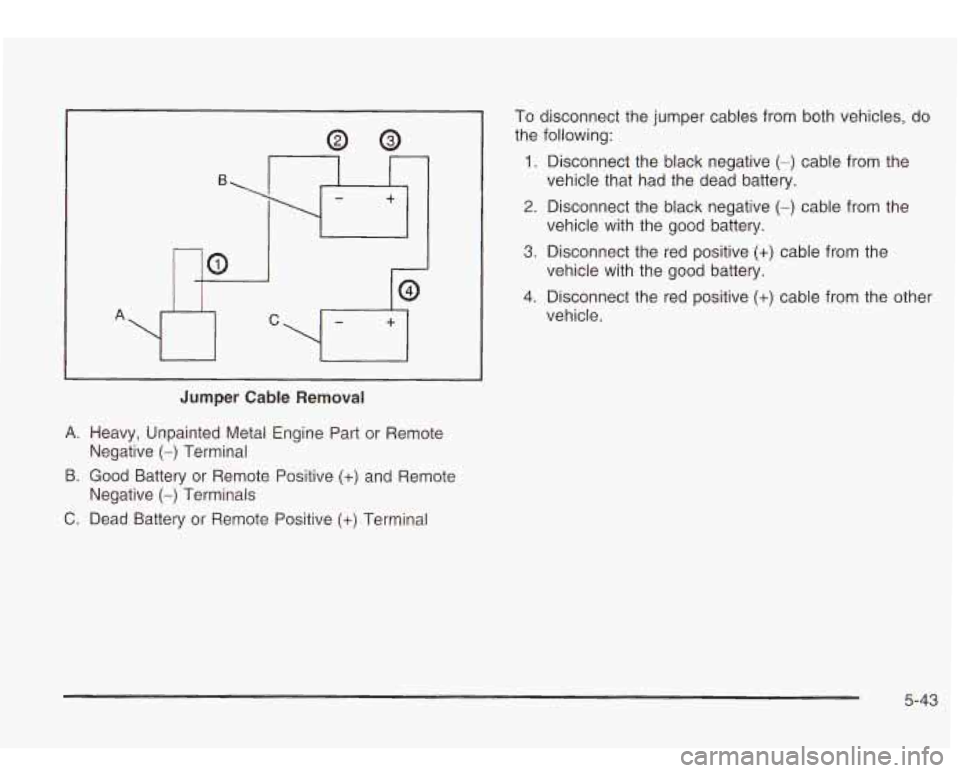 Oldsmobile Bravada 2003  Owners Manuals Jumper Cable Removal 
A. Heavy,  Unpainted  Metal Engine  Part or Remote 
9. Good  Battery  or  Remote Positive (+) and  Remote 
C. Dead Battery  or Remote Positive (+) Terminal 
Negative 
(-) Termina