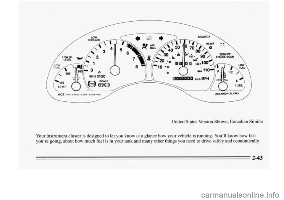 Oldsmobile Cutlass Supreme 1995  Owners Manuals  HOT APPLY  BRAKE TO SHIFT FROM PARK ,/ \ UNLEADED FUEL ONLY 
United States Version  Shown, Canadian  Similar 
Your instrument cluster is designed to let you  know  at  a  glance how  your  vehicle  i
