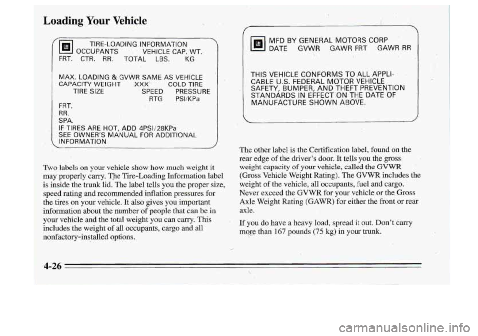 Oldsmobile Cutlass Supreme 1995 Owners Manuals ( @ TIRE-LOADING
OCCUPANTS VE’HICLE CAP., WT.
INFORMATION
FRT. CTR.
RR. TOTAL LBS. KG~
I
MAX. LOADING-& GVWR SAME AS VEHICLE
CAPACITY WEIGHT
.XXX’. COLD TIRE
TIRE
SIZE SPEED PR Oldsmobile Cutlass Supreme 1995 Owners Manuals ( @ TIRE-LOADING
OCCUPANTS VE’HICLE CAP., WT.
INFORMATION
FRT. CTR.
RR. TOTAL LBS. KG~
I
MAX. LOADING-& GVWR SAME AS VEHICLE
CAPACITY WEIGHT
.XXX’. COLD TIRE
TIRE
SIZE SPEED PR