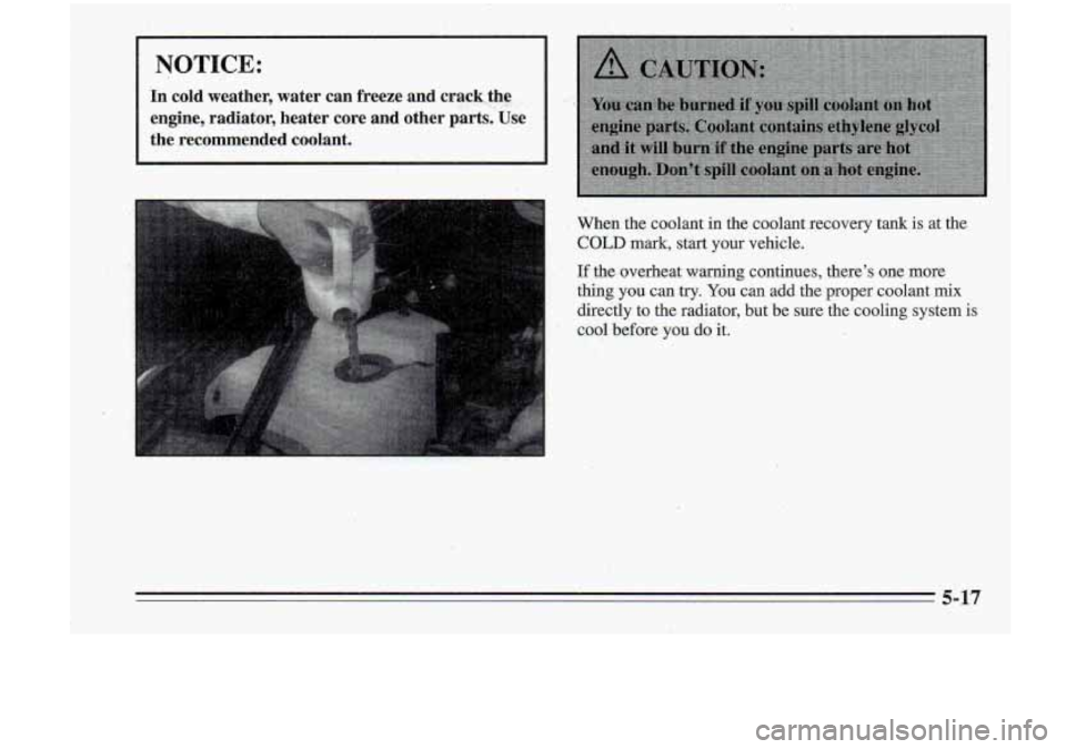 Oldsmobile Cutlass Supreme 1995  Owners Manuals NOTICE: 
In cold  weather,  water  can  freeze  and  crack,,the ... , . i . ar 
engine,  radiator,  heater  core  and  other  parts.  Use 
the  recommended  coolant. 
When  the  coolant  in  the  coo