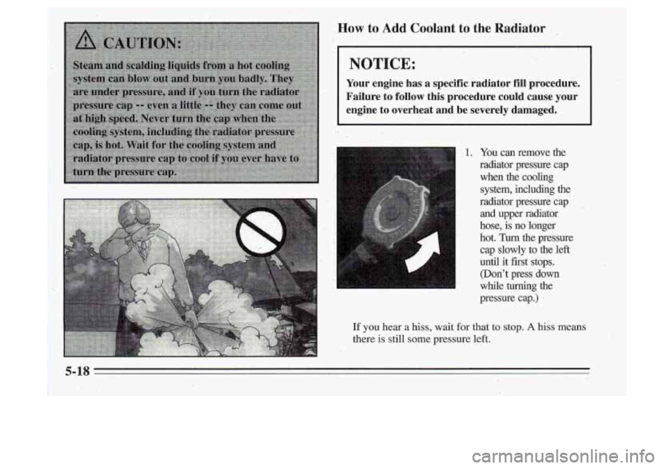 Oldsmobile Cutlass Supreme 1995  Owners Manuals NOTICE: 
Your  engine has  a  specific  radiator  fill  procedure. 
Failure 
to follow  this  procedure  could  cause  your 
engine 
to overheat  and be severely  damaged. 
1. You can  remove  the 
ra