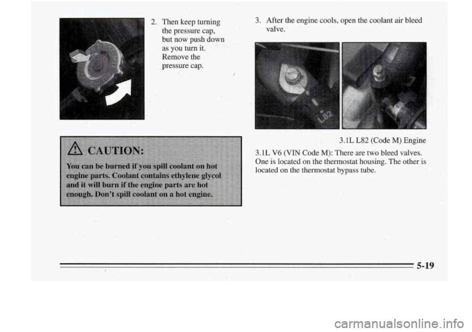 Oldsmobile Cutlass Supreme 1995  Owners Manuals 3. After  the engine cools,  open  the  coolant air bleed 
valve. 
3: ... 
. -. 1 .. ., .. 
,. I, . " "3;  1L L82 (Code M) Engine 
3.1L V6 (VIN Code M): There  are two bleed valves. 
One 
is located o