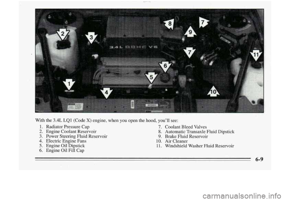 Oldsmobile Cutlass Supreme 1995  Owners Manuals With  the  3.4L LQ1 (Code X) engine,  when  you  open the hood,  you’ll  see: 
1.  Radiator  Pressure Cap 
2. Engine Coolant Reservoir 
3. Power  Steering  Fluid  Reservoir 
4.  Electric  Engine Fan