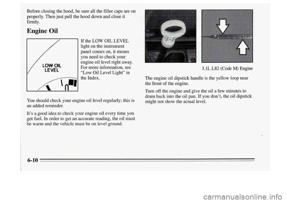 Oldsmobile Cutlass Supreme 1995  Owners Manuals Before  closing  the  hood,  be  sure  all  the  filler  caps  are  on 
properly.  Then just pull  the  hood  down  and  close  it 
firmly. 
Engine Oil .. , ‘I: ~. ’. .I 
LOW OIL 
LEVEL 
If  the  