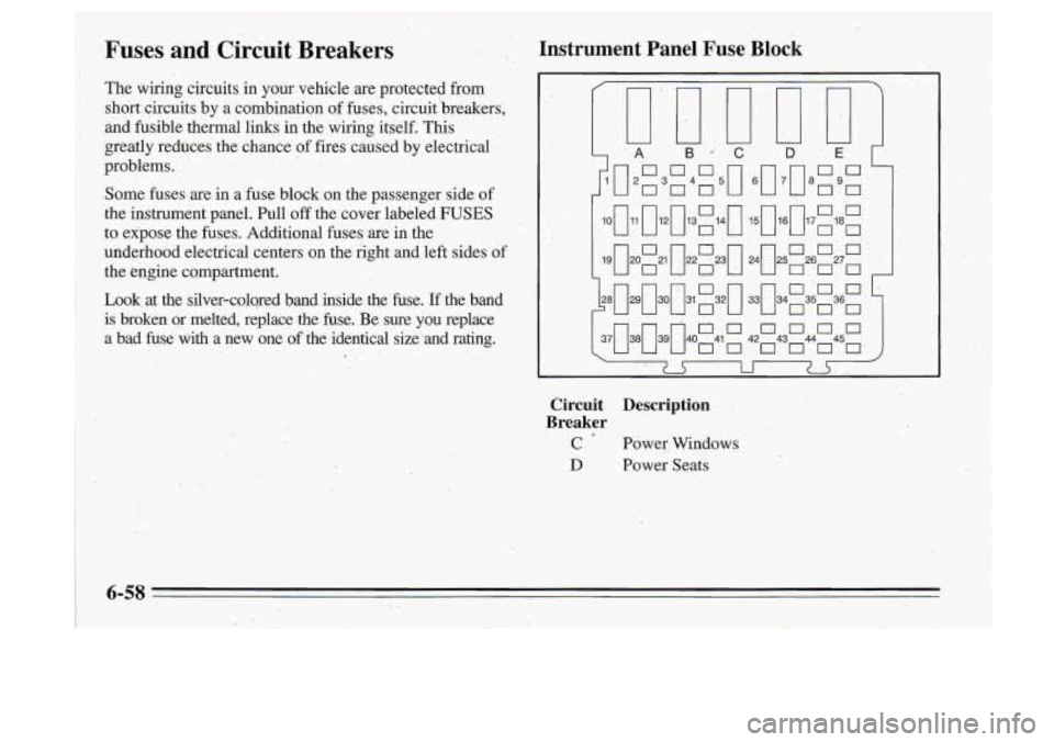 Oldsmobile Cutlass Supreme 1995  Owners Manuals I 
Fuses  -and  Circuit  Breakers 
The wiring  circuits  in  your vehicle  are  protected  from 
shdrkircuits  by  a combination  of fuses,  circuitbreakers, 
and  fusible  thekal links  in  the  wir