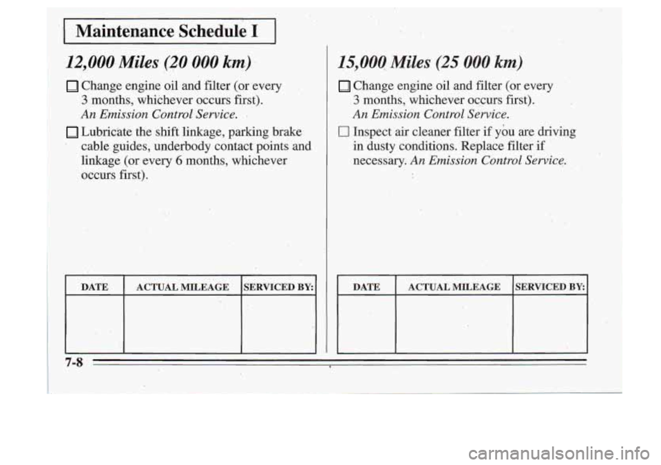 Oldsmobile Cutlass Supreme 1995  Owners Manuals I 
I Maintenance  Schedule I I 
12,OOO.,Miles (20 000 km) 
Change engine oil and filter  (or  every 
3 months,  whichever  occurs first). 
An  Emission  Control  Service. 
. 
Lubrichte  the shift link