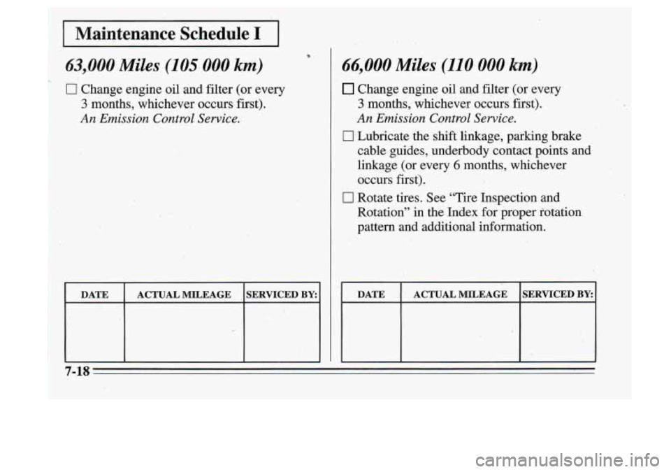 Oldsmobile Cutlass Supreme 1995  Owners Manuals I DATE  ACTUAL  MILEAGE  SERVICED BY: 
I I 
66,000 Miles (11 0 000 km) 
Change engine oil  and  filter (or  every 
3 months,  whichever  occurs  first). 
An  Emission  Control  Service. 
DLubricate  t