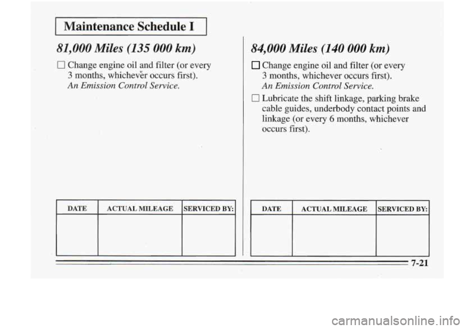 Oldsmobile Cutlass Supreme 1995  Owners Manuals I Maintenance  Schedule II I 
81,000 Miles (135 000 km) 
0 Change engine oil and filter  (or  every 
3 months,  whichevk  occurs first). 
An Emission Control Service. 
84,000 Miles (140 000 km) 
Chang