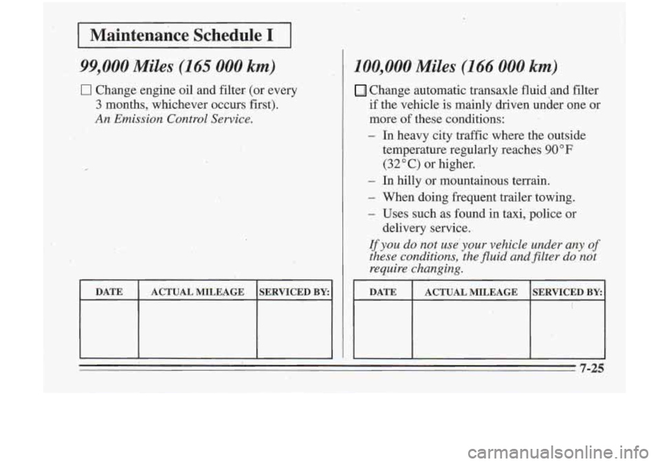 Oldsmobile Cutlass Supreme 1995  Owners Manuals I Maintenance  Schedule I 1 
99,000 Miles (145 000 km) 
0 Change engine oil and  filter-  (or  every 
3  months,  whichever  occurs first). 
An Emission  Control Sewice. 
DATE 
SERVICED BY: ACTUAL MIL