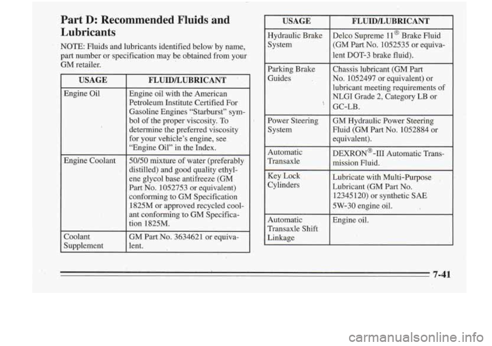 Oldsmobile Cutlass Supreme 1995 Owners Manuals Part D: Recommended Fluids and
Lubricants
NOTE: Fluids and lubricants identified below by name,
part number or specification may be obtained from your
GM retailer.
USAGE
Engine Oi Oldsmobile Cutlass Supreme 1995 Owners Manuals Part D: Recommended Fluids and
Lubricants
NOTE: Fluids and lubricants identified below by name,
part number or specification may be obtained from your
GM retailer.
USAGE
Engine Oi