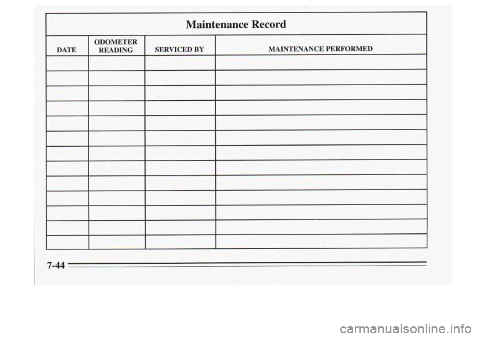 Oldsmobile Cutlass Supreme 1995  Owners Manuals DATE 
Maintenance  Record 
ODOMETER READING  SERVICED 
BY - MAINTENANCE  PERFORMED 
7-44  