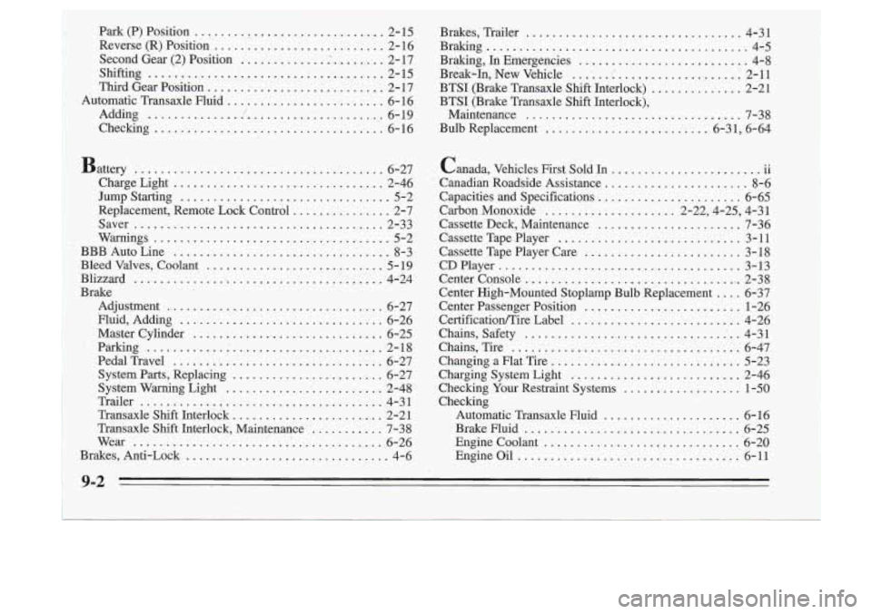Oldsmobile Cutlass Supreme 1995  Owners Manuals .. Park  (P)  Position ........ .................... 2-  15  Brakes.  Trailer ................................. 4-31 
Reverse(R).  Position 
.......................... 2-16  Braking ..................
