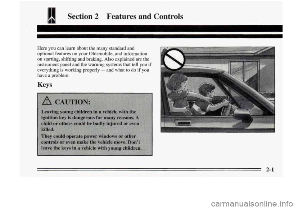 Oldsmobile Cutlass Supreme 1995  Owners Manuals I Section 2 Features  and  Controls 
Here you can learn  about  the  many  standard  and 
optiond  features  on  your  Oldsmobile, and information 
on  starting,  shifting  and  braking. 
Also explain
