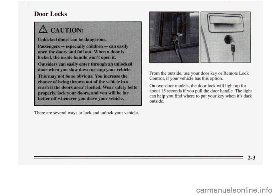 Oldsmobile Cutlass Supreme 1995  Owners Manuals Door Locks 
Fmm the outside, use your  door key or Remote Lock 
Control, 
if your  vehicle  has  this  option. 
On two-door  models,  the  door lock will light up for 
about 
15 seconds.  if  you  pul