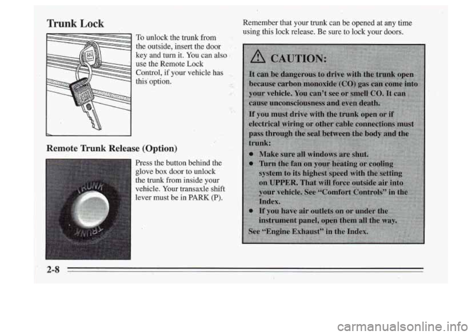 Oldsmobile Cutlass Supreme 1995  Owners Manuals Trunk Lock 
To unlock  the  trunk from  
the  outside,  insert  the  door 
key  and  turn 
it. You can also. 
use  the  Remote  Lock 
Control, 
if your  vehicle has , . 
this option. . .._ 
Remote  