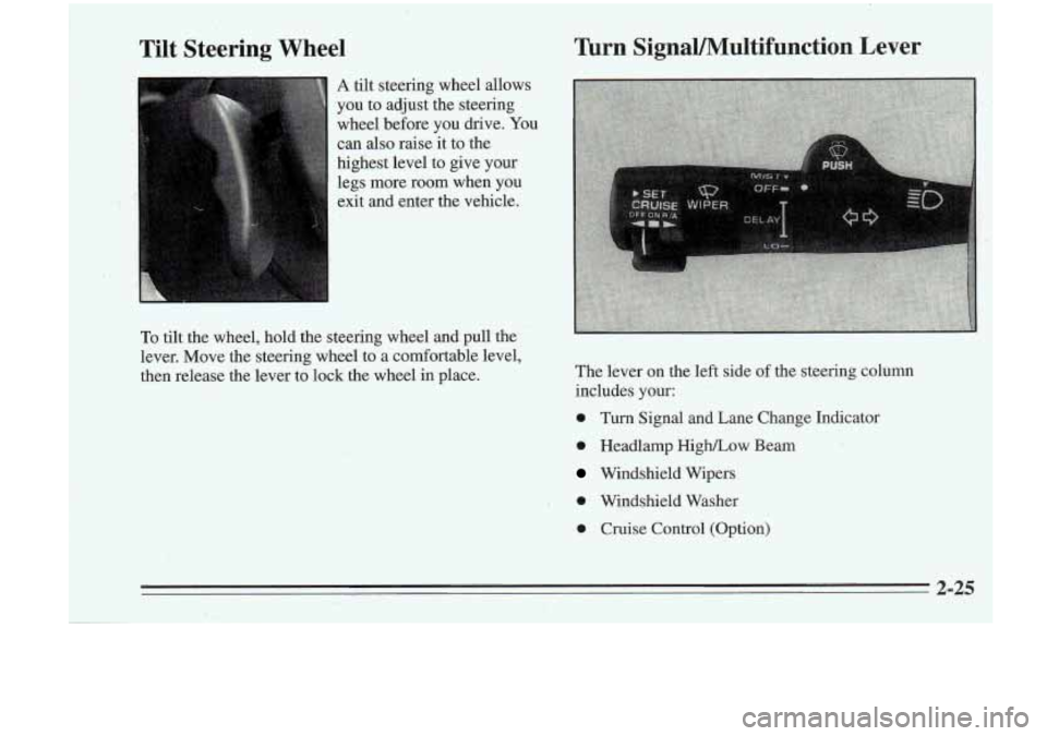 Oldsmobile Cutlass Supreme 1995  Owners Manuals c 
Tilt  Steering  Wheel 
A tilt  steering  wheel  allows 
you  to  adjust  the steering 
wheel  before  you  drive.  You 
can also raise it  to  the 
highest  .level  to  give  your 
legs  more  room