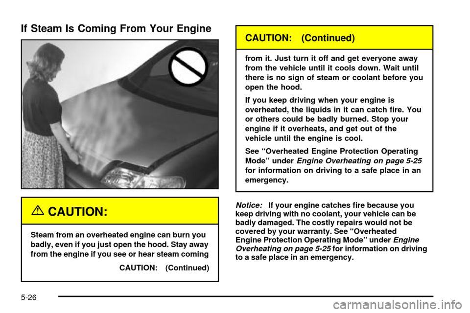 Oldsmobile Silhouette 2004  Owners Manuals If Steam Is Coming From Your Engine
{CAUTION:
Steam from an overheated engine can burn you
badly, even if you just open the hood. Stay away
from the engine if you see or hear steam coming
CAUTION: (Co