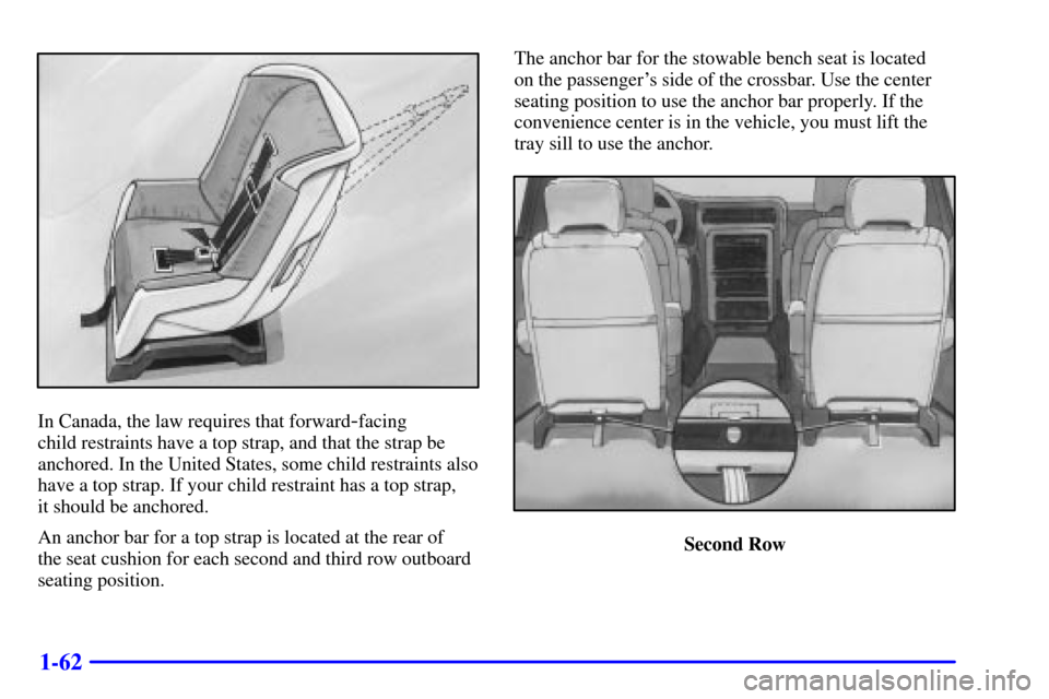 Oldsmobile Silhouette 2001  Owners Manuals 1-62
In Canada, the law requires that forward-facing 
child restraints have a top strap, and that the strap be
anchored. In the United States, some child restraints also
have a top strap. If your chil